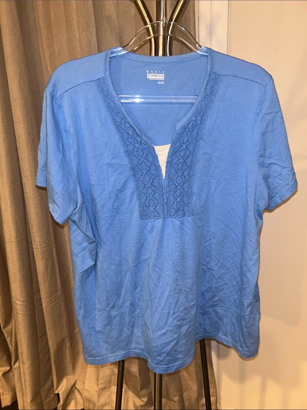 Basic Editions Light Blue Short Sleeve Tee with Crochet V-Panel